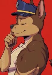 abs absurd_res advertisement ai_generated animated anthro boxers_(clothing) bulge calvin_klein canine cartoony chase_(paw_patrol) feet flexing german_shepherd half_naked model_pose muscular naked nipples paw_patrol pecs police police_uniform pose posing seductive seductive_look smug soles tagme tail underwear video