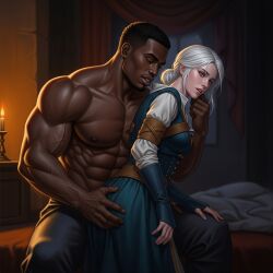 ai_generated ciri dark-skinned_male interracial squeezing the_witcher_3:_wild_hunt
