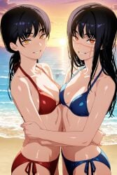 2girls ai_generated bikini blue_bikini chainsaw_man mitaka_asa red_bikini yoru_(chainsaw_man)