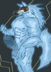 abs absurd_res alien anthro balls bara big_balls big_penis blue_body bodily_fluids canid canine canis capcom cybernetics cyborg electronics em_being erection genital_fluids genitals geryorias hi_res huge_cock machine male mammal mega_man_(series) mega_man_star_force muscular muscular_anthro muscular_male penis precum red_eyes solo sweat tail wolf wolf_woods yaoi