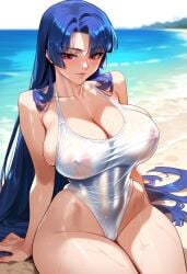 1girls 2d ai_generated beach big_breasts blue_hair female female_focus female_only long_hair one-piece_swimsuit outdoors solo solo_female solo_focus swimsuit tagme taimanin_(series) wet_clothes white_swimsuit yatsu_murasaki