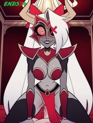armor big_breasts black_lips cowgirl_position ends34 evil_smile female female_focus hazbin_hotel long_hair looking_at_viewer metal_bikini sex stockings vaggie_(hazbin_hotel) vaginal_penetration vaginal_sex white_hair