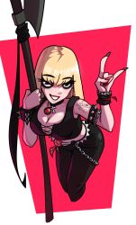 1girl big_breasts big_lips blonde_hair brutal_legend choker cleavage eyeliner female lita_halford long_hair midriff navel rocker_chick studded_bracelet tattoo tattoos voidentir weapon wide_hips
