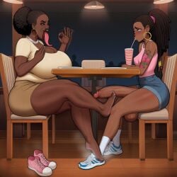 age_difference ai_assisted ai_generated dark-skinned_female dark-skinned_futa dark_skin daughter fellatio_gesture female foot_fetish foot_play footjob futanari greyscaler huge_ass huge_balls huge_breasts huge_cock incest long_tongue mother mother_and_daughter under_the_table voluptuous voluptuous_female wide_hips