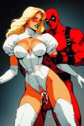 ai_generated blonde_female blonde_hair blue_lipstick breasts creampie crotchless deadpool emma_frost emma_frost_(marvel_rivals) eyelashes female half-closed_eyes leotard light-skinned_female light_skin long_hair marvel marvel_comics marvel_rivals sex vaginal vaginal_creampie vaginal_penetration vaginal_sex white_queen