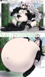 1boy 2girls areolae ass belly belly_bigger_than_head big_ass big_belly blindfold blush breasts clothing english_text female female_prey femboy huge_belly hyper_belly light-skinned_female light-skinned_male light_skin long_hair male male_pred mhyboi nier nier:_automata nipples short_hair text thighhighs trap vore vore_belly white_hair yorha_2b yorha_9s yorha_a2