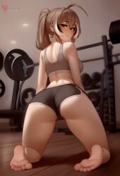 1girls 2d ai_generated ass barefeet big_ass breasts brown_hair erophoenix feet female female_focus full_body gym hairclip hololive hololive_english hololive_english_-council- hololive_english_-promise- indoors looking_at_viewer medium_breasts nanashi_mumei navel patreon_username short_shorts shorts solo solo_female sports_bra sweat thick thick_thighs toes uncensored virtual_youtuber vtuber