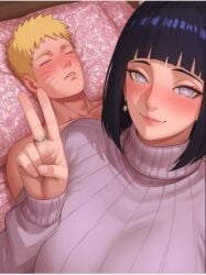 1boy 1girls after_sex ai_generated big_breasts black_hair blush boruto:_naruto_next_generations breasts female guy_tired_after_sex_(meme) huge_breasts husband_and_wife hyuuga_hinata naruto naruto_(series) uzumaki_hinata uzumaki_naruto white_eyes wife yellow_hair
