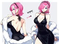artist_name ass bare_back bare_shoulders black_choker black_dress black_hairband blue_eyes blush border breasts choker cleavage coat collarbone color_guide curly_eyebrows dress earrings female fur_coat grey_background hair_over_one_eye hairband highres jewelry kasumi6 large_breasts looking_at_viewer looking_back multiple_views one_piece pink_hair short_hair side_slit sleeveless sleeveless_dress smile vinsmoke_reiju white_border white_coat