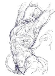 arms_up bondrewd cow_boy cow_horns cow_print cow_print_bikini cow_tail crossdressing helmet kuroshimae_cuu made_in_abyss male male_only mask masked masked_male monochrome muscular muscular_male rough_sketch sketch solo
