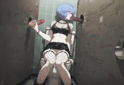 ai_generated blowjob blue_hair cum_dripping cum_in_pussy fellatio fishnet_legwear fishnet_thighhighs fishnet_topwear handjob handjob_while_sucking kizirugai legs_together licking_penis midriff neon_genesis_evangelion no_panties precum public_restroom pussy rei_ayanami saliva saliva_on_penis saliva_string short_skirt