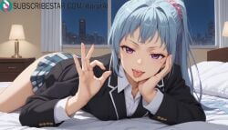1girls ai_generated artist_name artist_signature bed bedroom black_jacket blue_hair breasts fellatio_gesture hair_ornament hand_on_own_face hi_res high_resolution highres indoors kawasaki_saki kurutai long_hair looking_at_viewer lying my_teen_romantic_comedy_snafu naughty_face on_bed on_stomach open_mouth pink_scrunchie ponytail purple_eyes school_uniform shirt skirt smile solo subscribestar subscribestar_username tongue tongue_out uncensored
