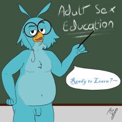 aldenyates avian bedroom_eyes belly bird chalkboard disney eyewear eyewear_only feathers genitals glasses glasses_only hi_res male male_only narrowed_eyes nude owl penis professor_owl seductive slightly_chubby slightly_chubby_male smug smug_face smug_grin wearing_glasses