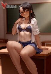 1girls 2d ai_generated areolae ass back bare_shoulders big_ass black_hair blue_eyes bra brown_eyes dark_skin dark_skinned_female day erophoenix female female_focus full_body hairclip hayase_nagatoro jewelry long_hair looking_at_viewer one-piece_tan panties patreon_username please_don't_bully_me,_nagatoro sitting skin_fang small_breasts smile solo tan tan_body tan_lines tanline thick thick_thighs uncensored underwear undressing