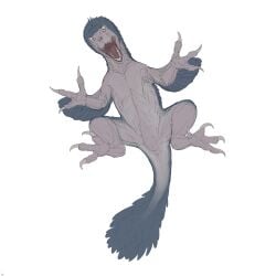 2022 absurd_res ambiguous_gender animal_genitalia approaching attack_pose belly blue_body blue_feathers claws cloaca dinosaur dromaeosaurid feathered_dinosaur feathered_scalie feathers feet feral genitals hi_res jumping looking_at_viewer low-angle_view male_(lore) neck_tuft open_mouth prehistoric_species propatagium pubic_boot reptile scalie sickle_claw solo spreading tail tail_tuft tan_body tan_skin teeth theropod toe_claws tuft winged_arms wings zw3