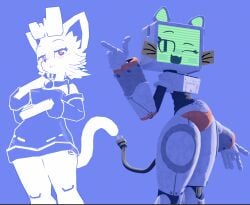 animal_ears anthro bedroom_eyes biped blue_eyes blush breasts cat_ears cheek_tuft cleavage clothed clothing clyde_(discord) collar collar_tag cord_tail discord_(app) domestic_cat dress duo facial_tuft fc5 felid feline felis female finger_gun gesture hand_gesture hand_on_belly hand_on_chest hi_res hip_sway inner_ear_fluff looking_at_viewer mammal medium_breasts narrowed_eyes one_eye_closed open_mouth power_cord pupils pur_03 red_pupils robot_anthro screen screen_face seductive segmented_body simple_background sleeves small_waist strapless_clothing strapless_dress thick_thighs tuft whiskers wide_hips wink winking_at_viewer
