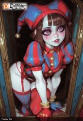 ai_generated artist_name bangs blunt_bangs blush breasts brown_hair dollmaker dollmaker_(artist) female garter_belt garter_straps gloves hat heart heart-shaped_pupils makeup mole patreon_logo patreon_username pomni_(the_amazing_digital_circus) puffy_short_sleeves puffy_sleeves red_gloves red_headwear red_legwear short_hair short_sleeves smile solo striped symbol-shaped_pupils tagme thighhighs watermark web_address