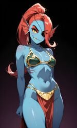 ai_generated bikini black_pupils blue_skin clothed cosplay crossover_cosplay curvy_figure eyepatch female fish_girl hair_over_one_eye medium_breasts monster_girl pixai ponytail red_hair sharp_teeth simple_background slave_leia_(cosplay) smug solo star_wars thick_thighs undertale undertale_(series) undyne yellow_eyes yellow_teeth