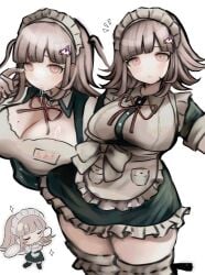 alternate_hairstyle apron black_dress breasts brown_hair chibi danganronpa danganronpa_2:_goodbye_despair dress female galaga hair_ornament ikemen'na_ore-shi large_breasts looking_at_viewer maid maid_apron maid_headdress medium_hair mole mole_on_breast multiple_views nanami_chiaki neck_ribbon official_alternate_costume pink_eyes ribbon