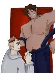 2025 2boys 2d breasts brown_hair bruise closed_mouth clothed clothing digital_drawing_(artwork) digital_media_(artwork) hair human jackson_(the_butchery) k1yocool looking_at_another looking_at_partner male male/male male_only no_sex no_visible_genitalia pale-skinned_male pale_skin partially_clothed pubic_hair roblox roblox_game roblox_horror_games simple_background survivor_(the_butchery) the_butchery white_skin