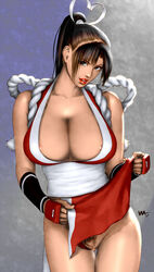 areola_slip areolae bare_arms bare_legs bare_shoulders big_breasts bottomless breasts brown_eyes brown_hair busty cleavage clitoris curvaceous curvy fatal_fury female female_focus female_only flashing hourglass_figure huge_breasts king_of_fighters labia large_breasts lipstick long_hair mai_shiranui panties_aside pinup ponytail pubic_hair pussy solo thick_thighs tied_hair vagina wakino_keibun wide_hips