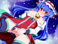 animal_ears bell blue_hair blush breasts breasts_out cat_ears christmas clitoris female long_hair nipples oborotsuki_kakeru original pussy pussy_juice red_eyes santa_costume solo uncensored