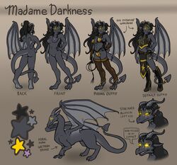 anthro breasts demon dialogue dragon female feral horns hybrid madame_darkness marisama model_sheet nude piercing pussy solo standing whip