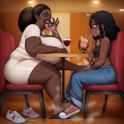 age_difference ai_assisted ai_generated dark-skinned_female dark-skinned_futa dark_skin daughter fellatio_gesture female foot_fetish foot_play footjob futanari greyscaler huge_ass huge_balls huge_breasts huge_cock incest long_tongue mother mother_and_daughter under_the_table voluptuous voluptuous_female wide_hips