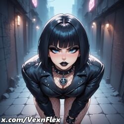 ai_generated bangs black_hair black_jacket black_lips blue_eyes blunt_bangs blush bracelet breasts cleavage collar ear_piercing earrings eyeliner eyeshadow female fishnet_pantyhose fishnets gothic hands_on_own_thighs hi_res high_resolution jacket jewelry leaning_forward leather lipstick looking_at_viewer makeup mascara medium_breasts outdoors pantyhose patreon_username pentagram piercing short_hair solo spiked_bracelet spiked_collar spikes vexnflex watermark web_address
