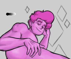 1boy 2025 bluesky bluesky_link chad_steven looking_at_viewer male male_only muscular muscular_male no_underwear no_visible_genitalia pink_body pink_eyes pink_hair pink_steven simple_background smile smiling smiling_at_viewer steven_quartz_universe steven_universe steven_universe_future totally_naked white_background