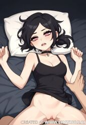 ai ai_generated ashley_graves black_hair female hentai laying_down laying_on_bed penis penis_in_pussy pillow pink_eyes sex vaginal_sex