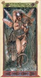 1girls armpit_hair armpits arms_up artistic_nude body_hair breasts casual_nudity fairy_wings faun female female_body_hair female_focus female_only female_pubic_hair hairy hairy_armpits hairy_pussy heruvimski hooves monster_girl nude original original_character pubic_hair satyr small_breasts solo tail