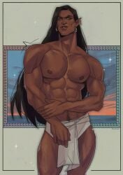 black_hair castlevania_nocturne dark-skinned_male earrings green_eyes hairy_arms hairy_legs long_hair male_only muscular_male olrox_(castlevania) pecs standing syrosaur