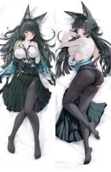 animal_ear_fluff animal_ears aqua_jacket black_hair black_necktie black_pants black_pantyhose black_skirt blunt_bangs blush breasts butuo_(butuo13) chest_sarashi collared_shirt dakimakura_(medium) female fox_ears fox_girl full_body gauntlets high-waist_skirt hoshimi_miyabi jacket large_breasts long_hair looking_at_viewer lying necktie on_back open_clothes open_jacket pants pantyhose red_eyes sarashi shirt single_gauntlet skirt white_shirt zenless_zone_zero