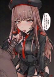 beret blush breasts elazale erection female glansjob goddess_of_victory:_nikke handjob hat highres imminent_ejaculation kneeling medium_breasts military_hat military_uniform no_pants open_mouth orange_hair penis rapi_(nikke) red_eyes thick_thighs thighs tongue tongue_out translated veins veiny_penis