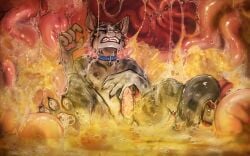 16:10 acidic anthro bared_teeth blue_collar bodily_fluids closed_eyes collar erection felid front_view fur genitals grey_body grey_fur hi_res inside_stomach male mammal markings nude penis pink_penis solo spots spotted_body spotted_fur spread_legs spreading stomach_acid vore white_body white_fur widescreen
