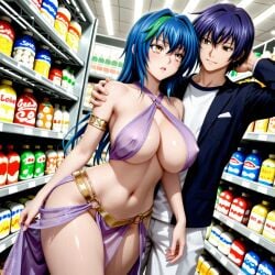 ai_generated arabian_costume blue_hair couple high_school_dxd lovers supermarket xenovia_quarta yellow_eyes