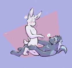 anal anal_sex anthro blue_eyes bodily_fluids canid canine canis cowgirl_position duo echo_(sona) erection from_front_position fur heart_symbol hi_res i_think_i_like_you lagomorph leporid male male/male mammal on_bottom on_top penetration rabbit sex sky_(i_think_i_like_you) smile sweat tohfu white_body white_fur wolf