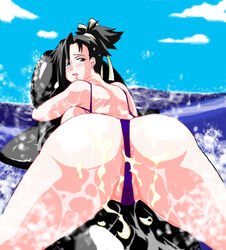 ass bakuretsu_tenshi beach black_hair blue_eyes breasts female hair_ribbon highres huge_breasts lips nipples nude ponytail ribbon sei_(bakuretsu_tenshi) short_hair swimsuit tied_hair