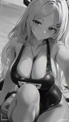 aged_up beach big_breasts black_and_white blue_archive blush camera_view demon_girl demon_horns gehenna_academy_student hi_res hina_(blue_archive) hina_(swimsuit)_(blue_archive) horns huge_breasts long_hair looking_at_viewer non-canonical_breasts non-canonical_size re0n sea smile smiling swimsuit video_game_character wet whistle_around_neck