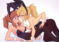 2girls a_hat_in_time big_breasts blonde_female blonde_hair blue_eyes blush brown_hair bunny_ears bunnysuit female female_only hat_adult hat_kid human multiple_girls nelly oc oc_x_canon original_character ponytail sweat xyroni yuri