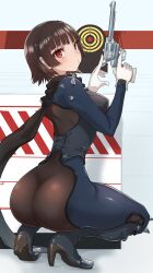 1girls ass atlus back back_view big_butt bodysuit breasts brown_hair bubble_butt butt clothing female gun hips holding_object huge_breasts huge_butt human kurosususu light-skinned_female light_skin looking_at_viewer makoto_niijima massive_breasts pale_skin persona persona_5 phantom_thief_suit red_eyes revolver scarf short_hair slim_waist squatting thick_thighs thighs weapon wide_hips