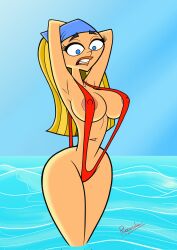 1girls alternate_version_available areolae big_breasts blonde_hair blue_eyes cartoon_network erect_nipples_under_clothes female female_only large_breasts light-skinned_female light_skin lindsay_(tdi) long_hair nipple_bulge pokies riccardus97 sling_bikini slingshot_swimsuit solo surprised_expression swimwear total_drama_island wide_hips