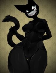 anthro black_body cat_ears cat_tail creepy dangerous ears kalik monster monster_girl nightmare_waifu scary sharp_teeth smile smiler_(the_backrooms) solo solo_female tail teeth the_backrooms tongue tongue_out white_eyes white_face white_teeth