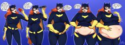 assthethick barbara_gordon batgirl batman_(series) bbw belly belly_bulge belt belt_unbuckled binoculars commission cowl dc dc_comics dcau frustrated red_hair sequence shirt_up soda soda_can speech_bubble talking talking_to_self weight_gain yellow_belt yellow_gloves