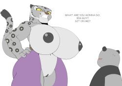 absurd_res anthro areola big_breasts black_areola black_body black_fur black_nipples blush bodily_fluids bottomwear breasts clothed clothing dialogue dreamworks duo english_text faceless_character faceless_male felid female fingers fur genitals giant_panda grey_body grey_fur hands_on_hips hi_res huge_breasts ineffective_clothing kung_fu_panda looking_down male mammal master_po_ping mtf_crossgender multicolored_body multicolored_fur navel nipples orange_eyes pantherine pants pr-egg-nant pussy rule_63 simple_background smile snow_leopard standing sweat tai_lung_(kung_fu_panda) text thick_thighs two_tone_body two_tone_fur ursid white_background white_body white_fur wide_hips yellow_sclera