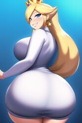 ai_generated ass ass_focus ass_in_dress bimbo blonde_hair blue_eyes gigantic_ass huge_ass huge_breasts long_hair looking_at_viewer mario_(series) nai_diffusion nintendo princess_rosalina seductive_smile shiny_hair stable_diffusion thigh_clothes white_clothes