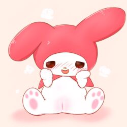 <3_eyes 1:1 2018 anthro badwingm blush female genitals heart hi_res lagomorph leporid looking_down mammal my_melody onegai_my_melody pussy rabbit sanrio simple_background solo spread_legs spreading white_body