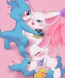 anthro badwingm bandai_namco blue_body blue_eyes blush bodily_fluids digimon digimon_(species) duo female female_on_top fur gatomon genitals heart hi_res internal kissing male male_on_bottom on_bottom on_top penetration penile penile_penetration penis penis_in_pussy pink_background pussy red_eyes sex simple_background sweat tapering_penis tongue tongue_out vaginal_penetration vaginal_penetration veemon white_body white_fur