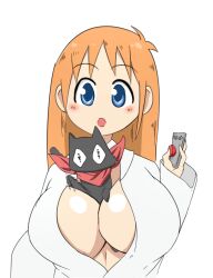 1girls alternate_breast_size anonymous_artist between_breasts blue_eyes blush breasts button cleavage feline feline hakase_shinonome huge_breasts jacket long_hair nichijou open_jacket open_mouth orange_hair pressing_button white_jacket